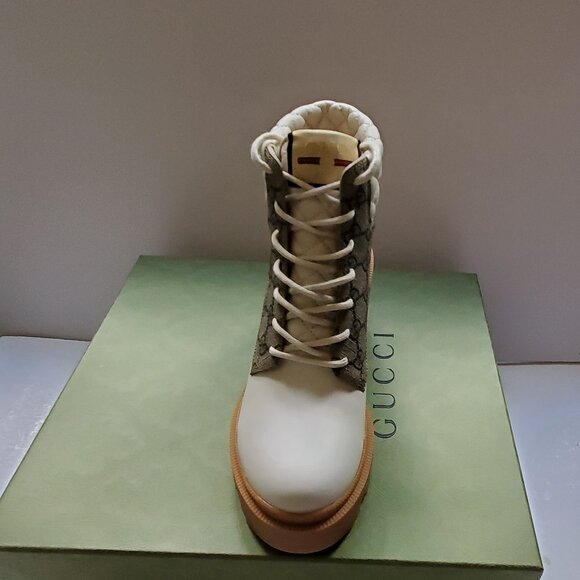 NIB Gucci leather GG canvas combat lug sole boots IT 39.5 - Picture 6 of 9